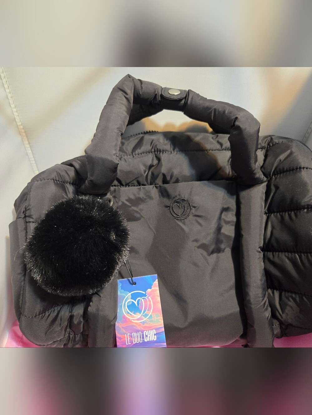 Black Puffer Shoulder Bag with Pom Pom